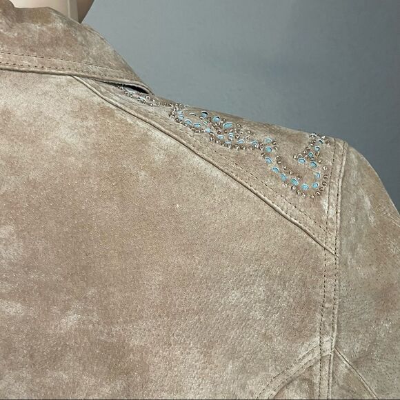 Brandon Thomas Tan Leather Jacket Cutout Turquoise Design Beaded Detail Medium - Picture 11 of 16